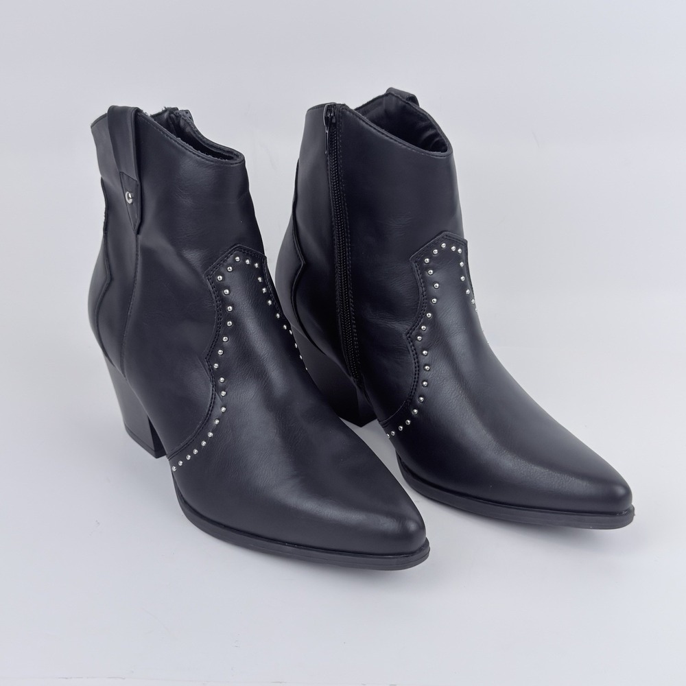 Centro Point Black Studded Western Ankle Boots Women's 10 Block Heel Pointed Toe